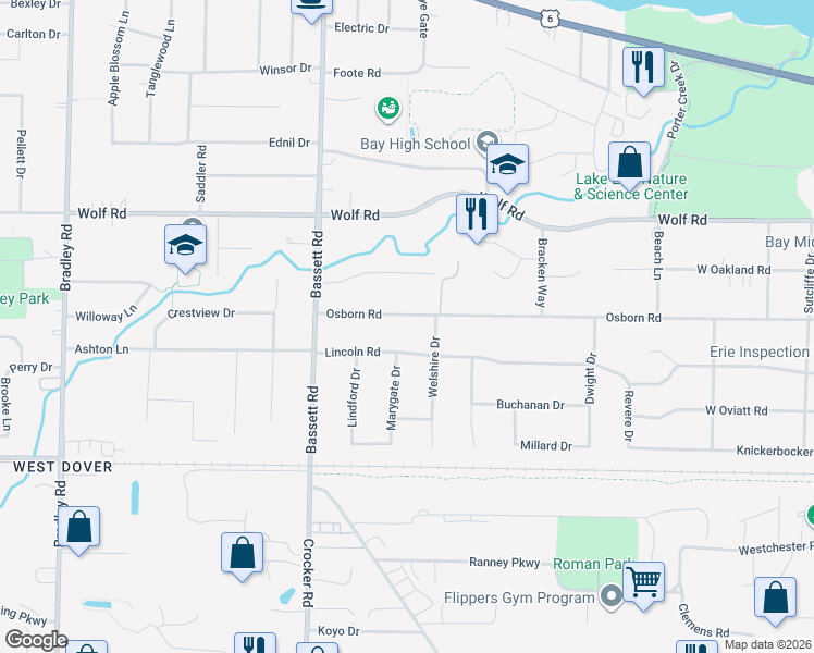 map of restaurants, bars, coffee shops, grocery stores, and more near 29600 Osborn Road in Bay Village