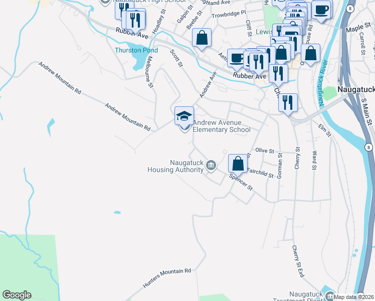 map of restaurants, bars, coffee shops, grocery stores, and more near 314 Spencer Street in Naugatuck