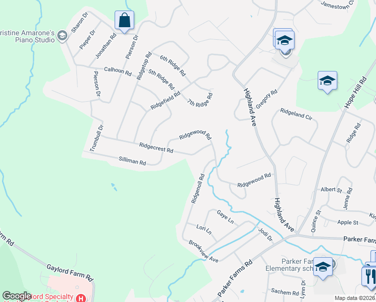 map of restaurants, bars, coffee shops, grocery stores, and more near 120 Ridgewood Road in Wallingford