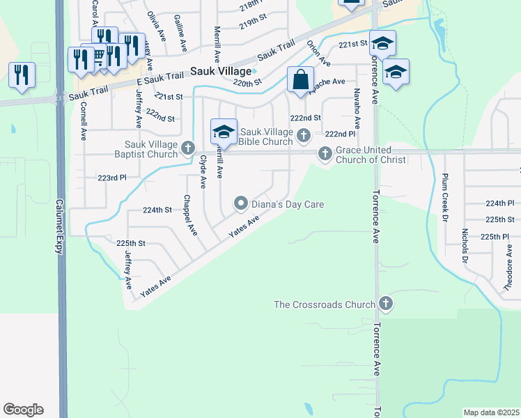 map of restaurants, bars, coffee shops, grocery stores, and more near 22406 Strassburg Avenue in Sauk Village