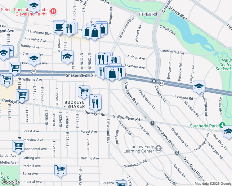 map of restaurants, bars, coffee shops, grocery stores, and more near 2815 Ludlow Road in Cleveland
