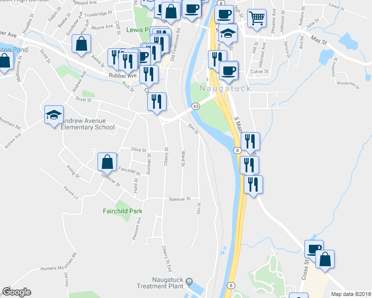 map of restaurants, bars, coffee shops, grocery stores, and more near 72 Ward Street in Naugatuck