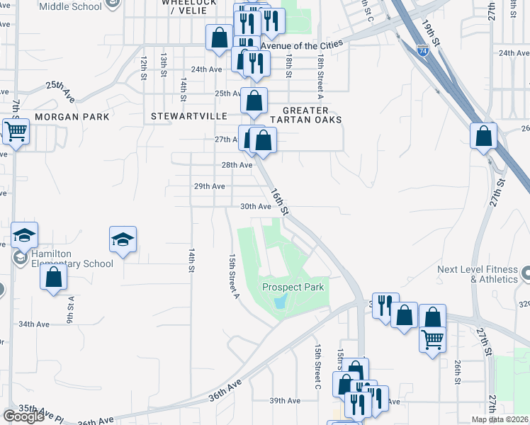 map of restaurants, bars, coffee shops, grocery stores, and more near 1577 30th Avenue in Moline