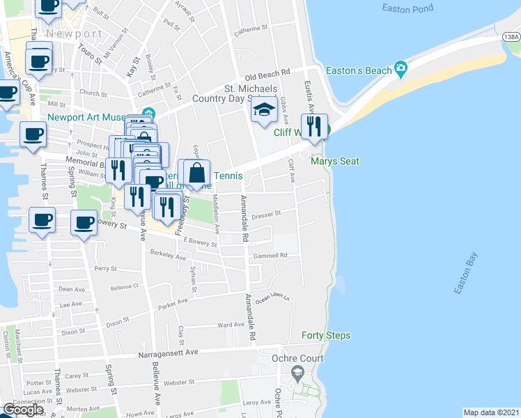 map of restaurants, bars, coffee shops, grocery stores, and more near 53 Merton Road in Newport