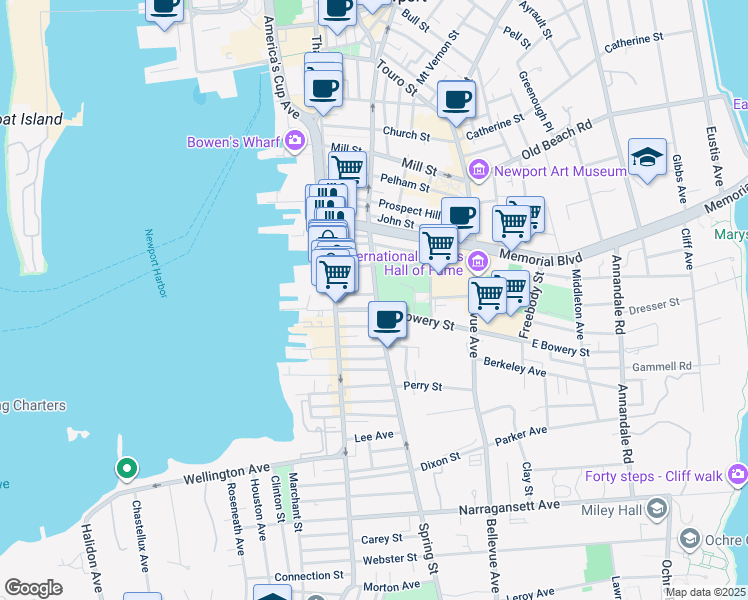 map of restaurants, bars, coffee shops, grocery stores, and more near 309 Spring Street in Newport