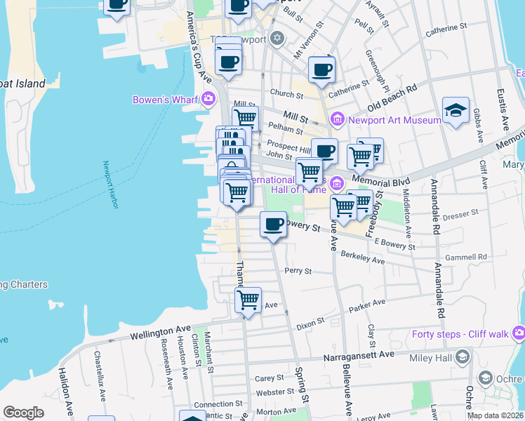 map of restaurants, bars, coffee shops, grocery stores, and more near 309 Spring Street in Newport