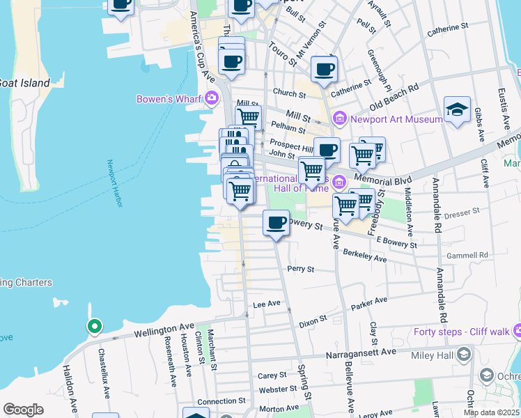 map of restaurants, bars, coffee shops, grocery stores, and more near 309 Spring Street in Newport