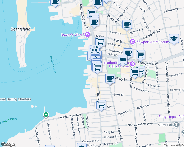 map of restaurants, bars, coffee shops, grocery stores, and more near 21 Brown and Howard Wharf in Newport