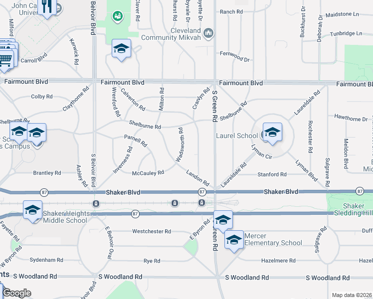 map of restaurants, bars, coffee shops, grocery stores, and more near 2696 Cranlyn Road in Shaker Heights