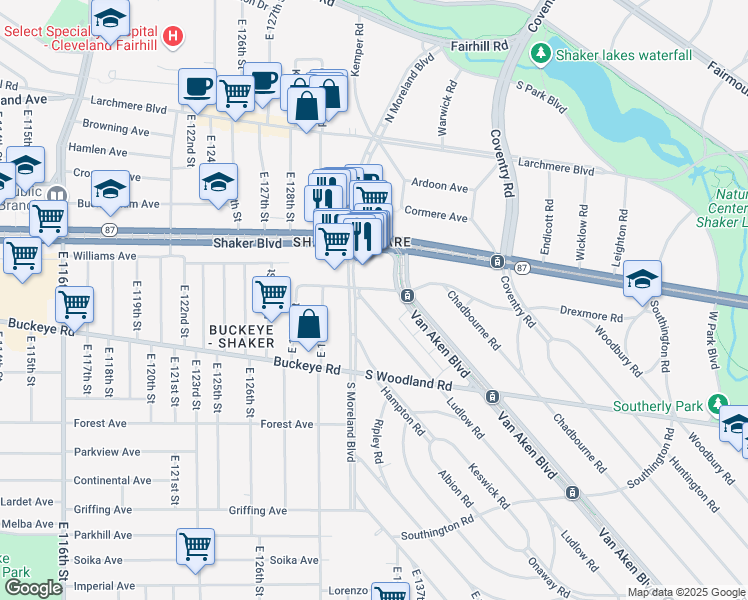 map of restaurants, bars, coffee shops, grocery stores, and more near 2782 Van Aken Boulevard in Cleveland