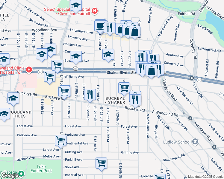map of restaurants, bars, coffee shops, grocery stores, and more near 2782 East 126th Street in Cleveland