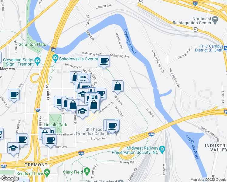 map of restaurants, bars, coffee shops, grocery stores, and more near 2291 City View Drive in Cleveland