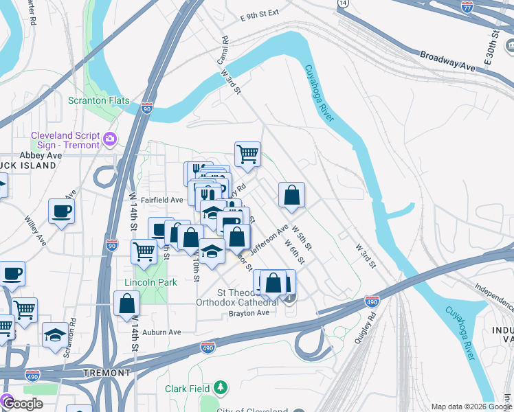 map of restaurants, bars, coffee shops, grocery stores, and more near 2277 West 6th Street in Cleveland