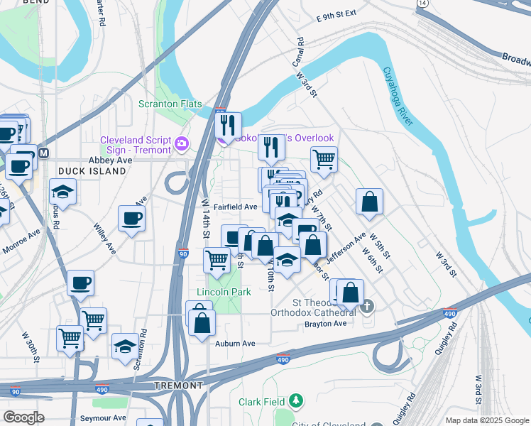 map of restaurants, bars, coffee shops, grocery stores, and more near 1018 Fairfield Avenue in Cleveland