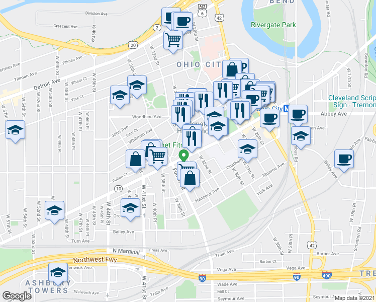 map of restaurants, bars, coffee shops, grocery stores, and more near 1946 West 32nd Street in Cleveland
