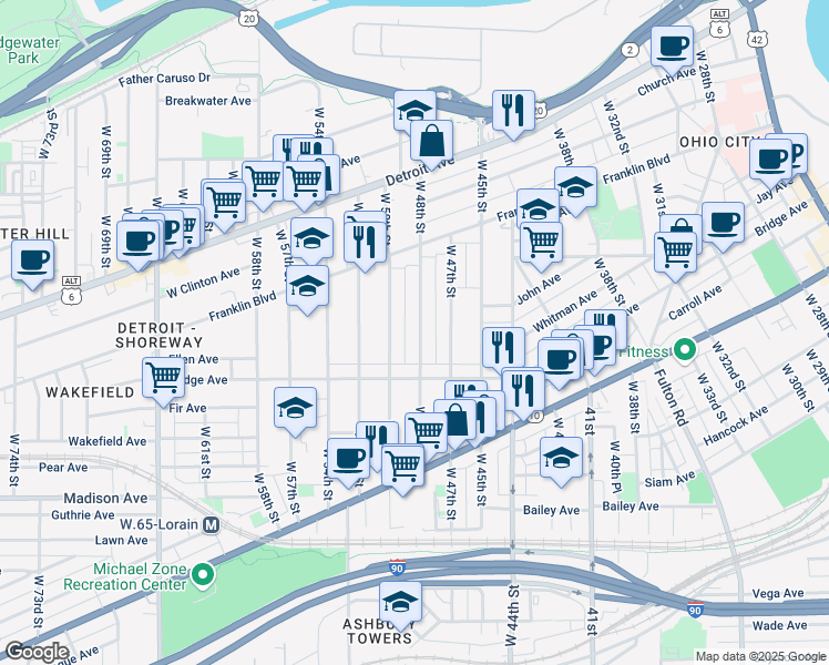 map of restaurants, bars, coffee shops, grocery stores, and more near 1835 West 48th Street in Cleveland