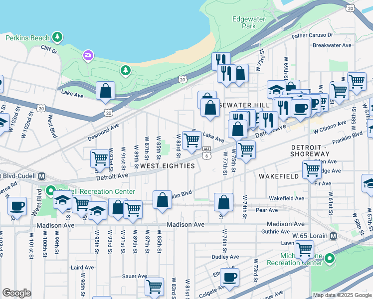 map of restaurants, bars, coffee shops, grocery stores, and more near 1343 West 83rd Street in Cleveland