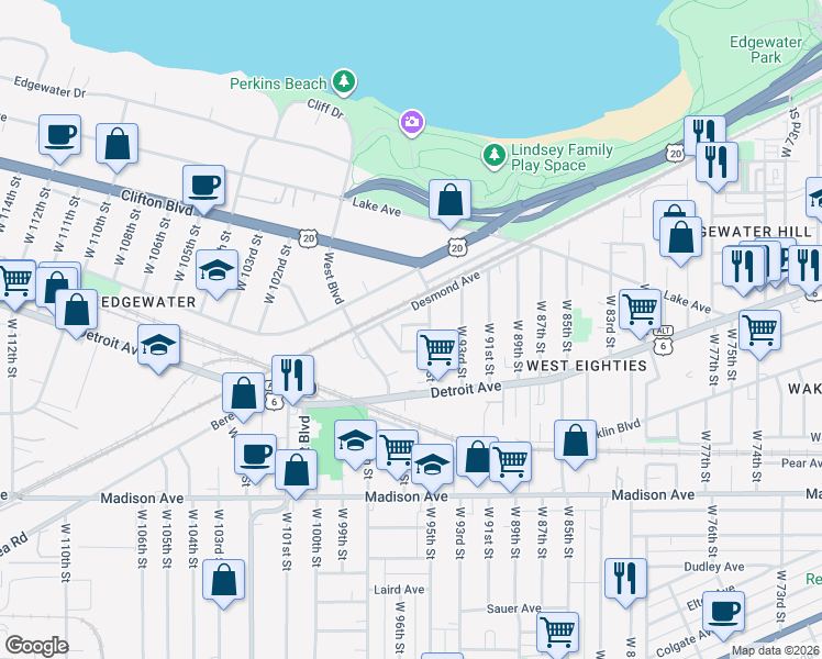 map of restaurants, bars, coffee shops, grocery stores, and more near 9604 Desmond Avenue in Cleveland