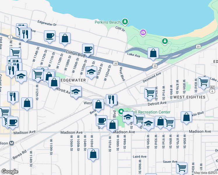 map of restaurants, bars, coffee shops, grocery stores, and more near 1329 West 102nd Street in Cleveland