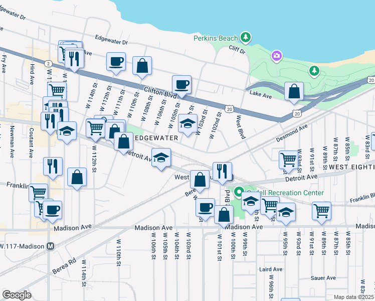 map of restaurants, bars, coffee shops, grocery stores, and more near 1340 West 104th Street in Cleveland