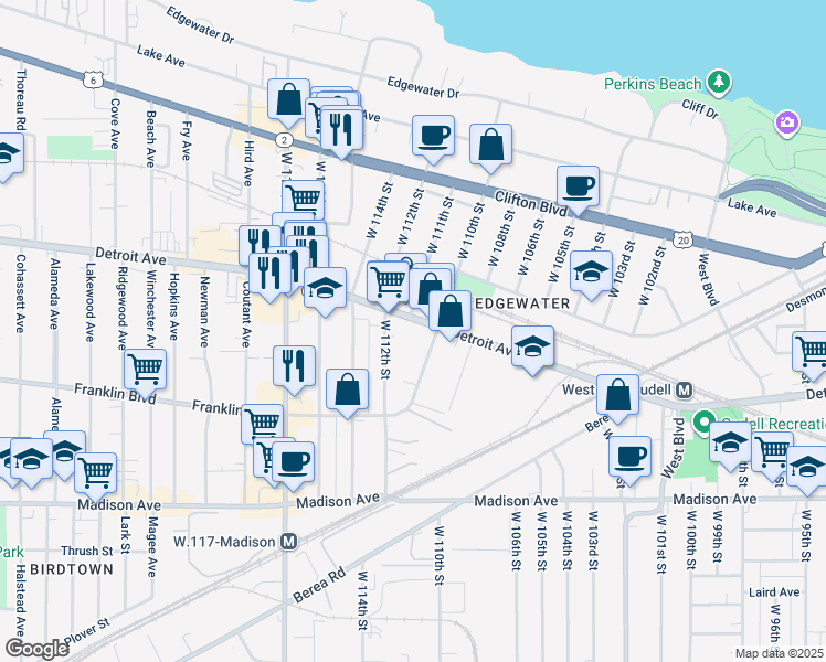 map of restaurants, bars, coffee shops, grocery stores, and more near in Cleveland