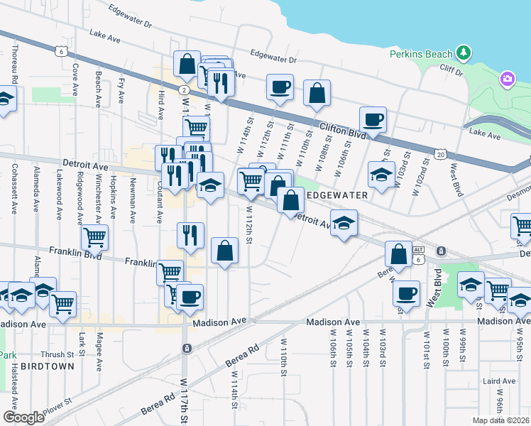 map of restaurants, bars, coffee shops, grocery stores, and more near in Cleveland