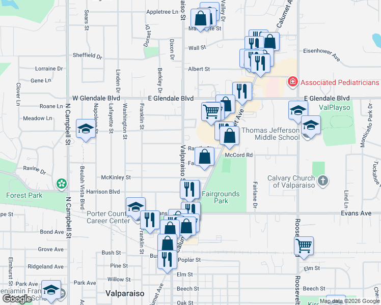 map of restaurants, bars, coffee shops, grocery stores, and more near 405 Randle Street in Valparaiso