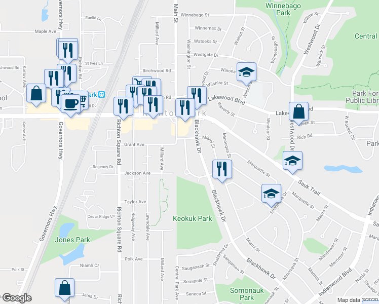 map of restaurants, bars, coffee shops, grocery stores, and more near 428 Suwanee Street in Park Forest
