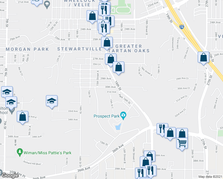map of restaurants, bars, coffee shops, grocery stores, and more near 1577 30th Avenue in Moline