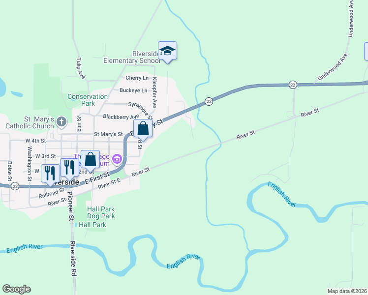 map of restaurants, bars, coffee shops, grocery stores, and more near 6 South Hickory Street in Riverside