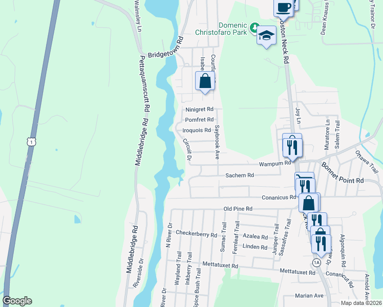 map of restaurants, bars, coffee shops, grocery stores, and more near 110 Mount View Road in Narragansett