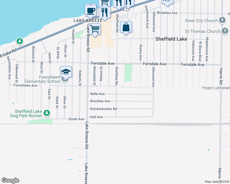 map of restaurants, bars, coffee shops, grocery stores, and more near 877 Community Road in Sheffield Lake