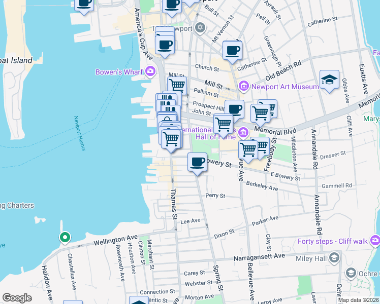 map of restaurants, bars, coffee shops, grocery stores, and more near 309 Spring Street in Newport