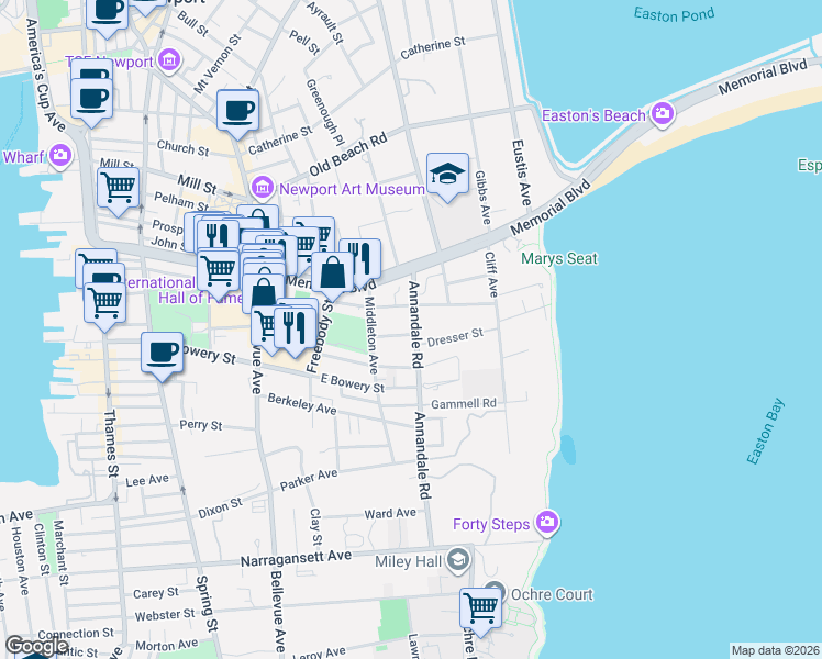 map of restaurants, bars, coffee shops, grocery stores, and more near 25 Annandale Road in Newport