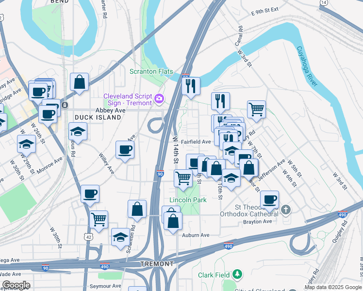 map of restaurants, bars, coffee shops, grocery stores, and more near 2219 West 14th Street in Cleveland