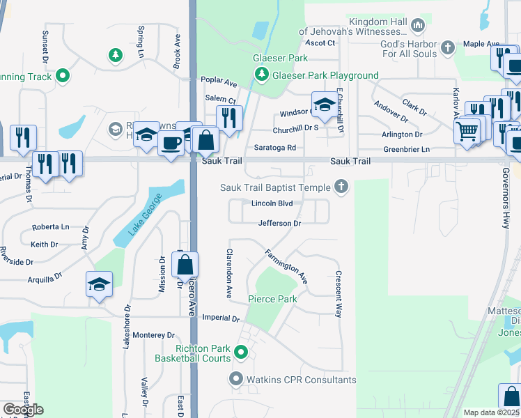 map of restaurants, bars, coffee shops, grocery stores, and more near 4526 Lincoln Boulevard in Richton Park