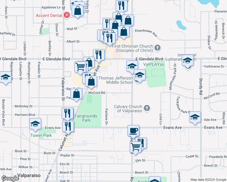 map of restaurants, bars, coffee shops, grocery stores, and more near 905 McCord Road in Valparaiso