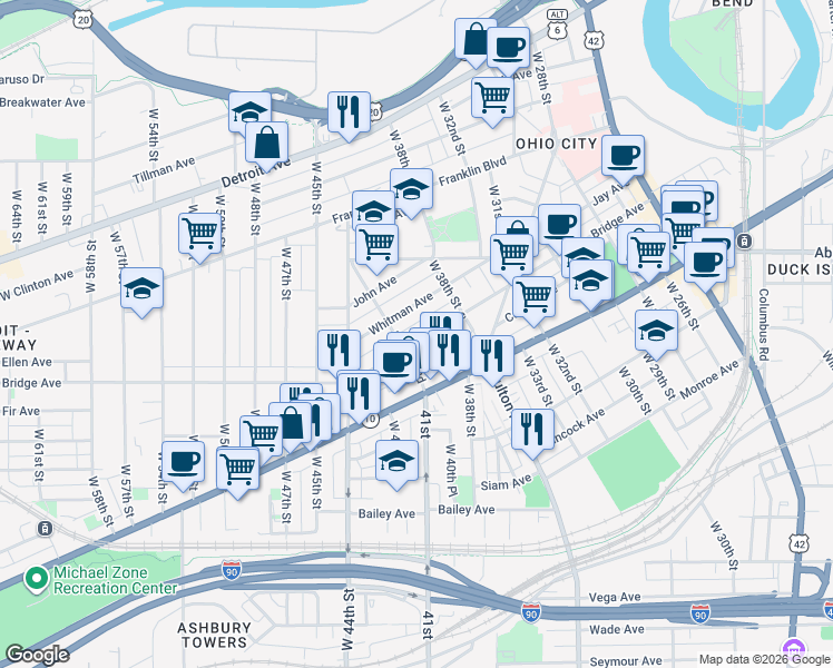map of restaurants, bars, coffee shops, grocery stores, and more near 4002 Bridge Avenue in Cleveland