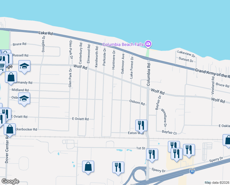 map of restaurants, bars, coffee shops, grocery stores, and more near 449 Huntmere Drive in Bay Village