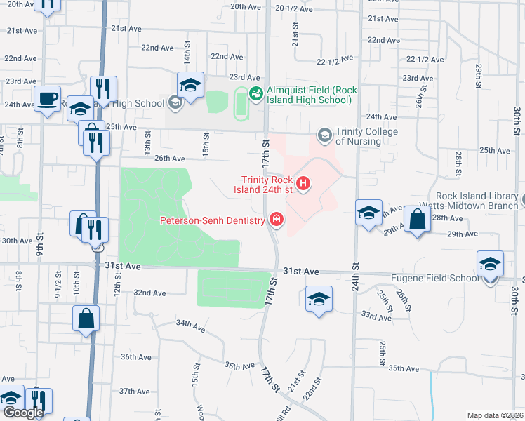 map of restaurants, bars, coffee shops, grocery stores, and more near 2678 17th Street in Rock Island
