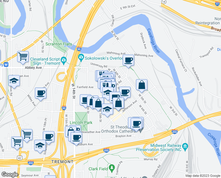 map of restaurants, bars, coffee shops, grocery stores, and more near Literary Rd & Thurman Ave in Cleveland