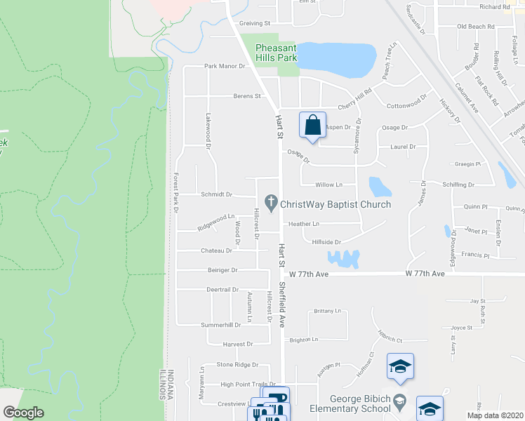 map of restaurants, bars, coffee shops, grocery stores, and more near 2681 Hillcrest Drive in Dyer