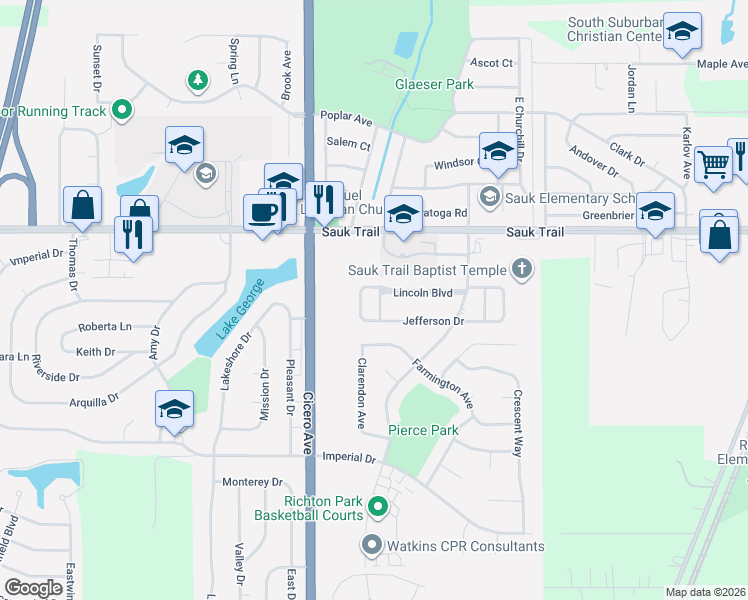 map of restaurants, bars, coffee shops, grocery stores, and more near 4606 Lincoln Boulevard in Richton Park