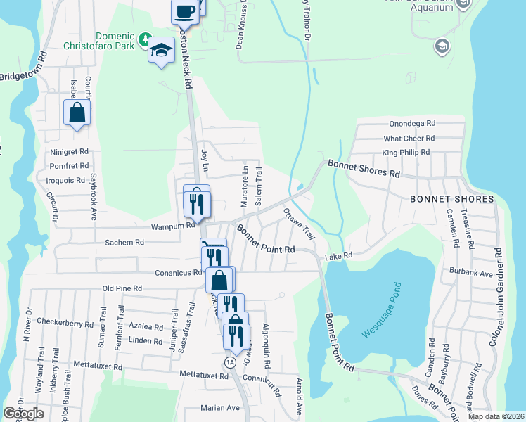 map of restaurants, bars, coffee shops, grocery stores, and more near 30 Salem Trail in Narragansett