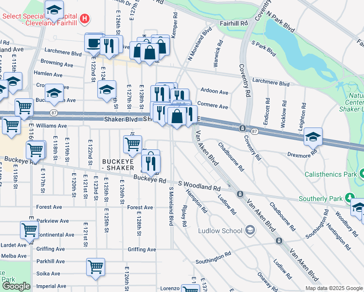 map of restaurants, bars, coffee shops, grocery stores, and more near 13300 Drexmore Road in Cleveland