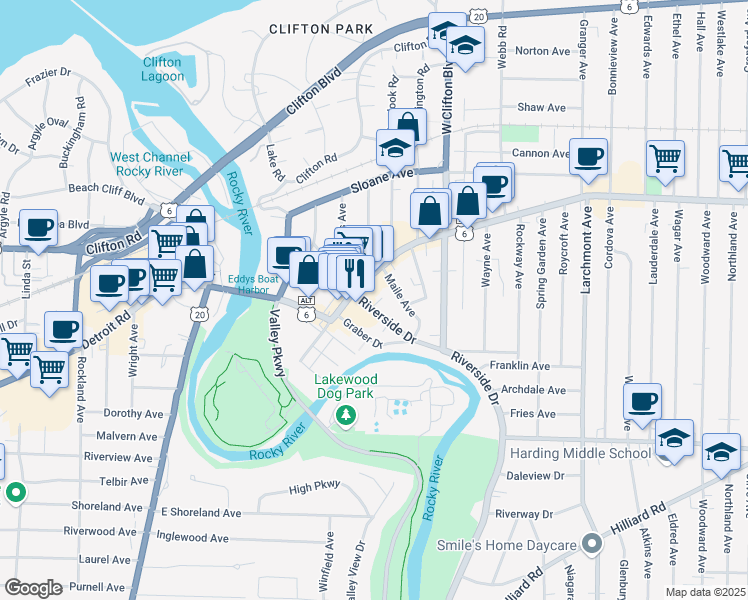map of restaurants, bars, coffee shops, grocery stores, and more near 1423 Riverside Drive in Lakewood