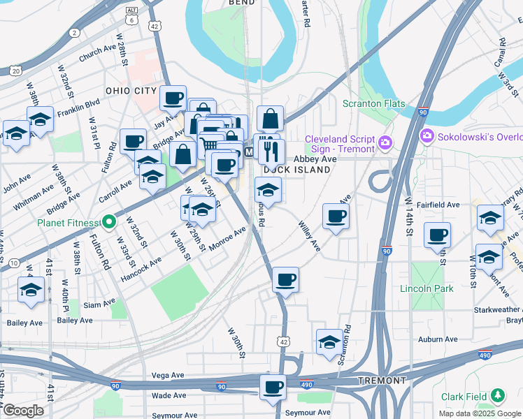 map of restaurants, bars, coffee shops, grocery stores, and more near 2261 Columbus Road in Cleveland