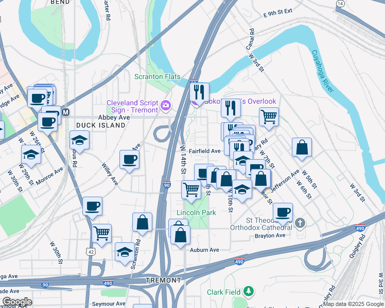map of restaurants, bars, coffee shops, grocery stores, and more near 1213 Fairfield Avenue in Cleveland