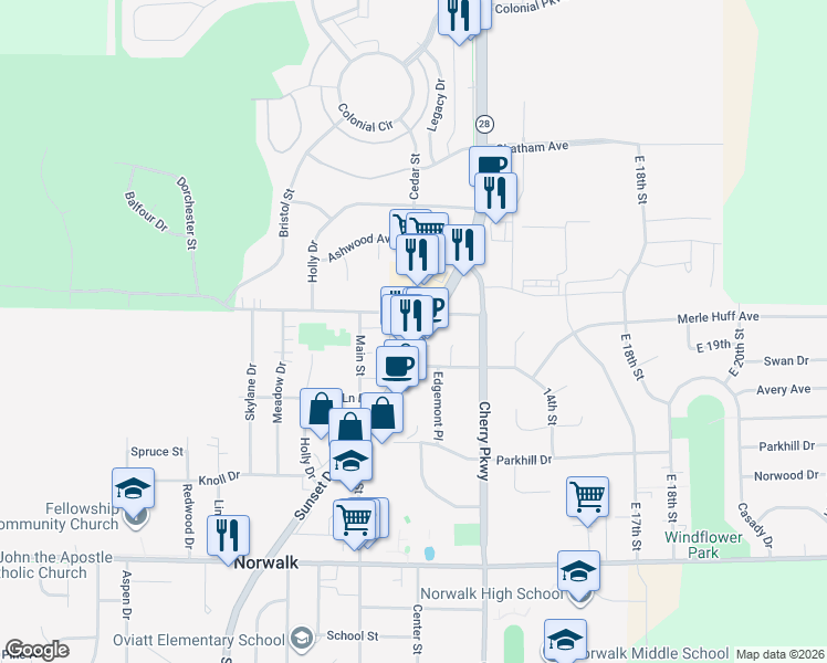 map of restaurants, bars, coffee shops, grocery stores, and more near 1421 Sunset Drive in Norwalk