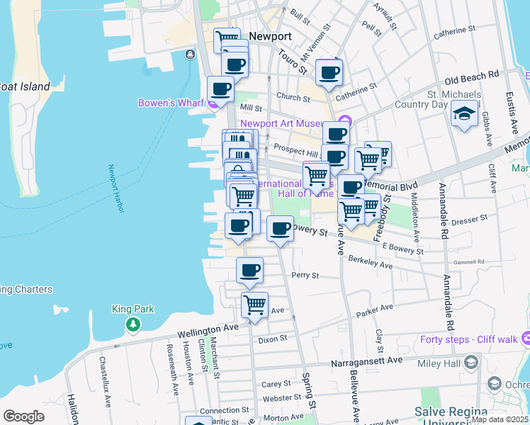 map of restaurants, bars, coffee shops, grocery stores, and more near 37 Dennison Street in Newport